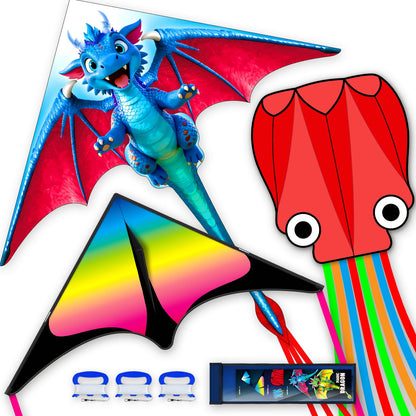 SGftre 3 Piece Set Butterfly Delta Octopus Kites for Kids and Adults，Easy to Fly for Outdoor Adults Children Line Kite for Kids Toy (Gradient Grassland Rainbow+Octopus Red+Blue Dreamy Butterfly, 3)