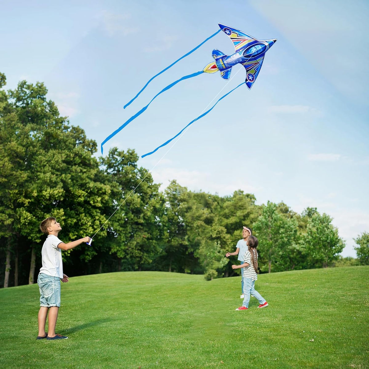 SGftre Airplane Kite for Kids and Adults, Easy to Fly with Durable Fiberglass Frame, Outdoor Fun Sports Plane Kite with Handle and Line Good Flying (Fighter Plane-Blue)