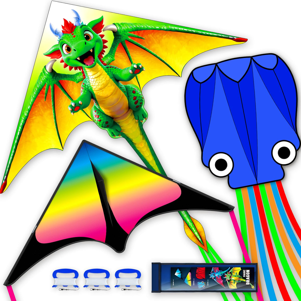 SGftre 3 Piece Set Butterfly Delta Octopus Kites for Kids and Adults，Easy to Fly for Outdoor Adults Children Line Kite for Kids Toy (Gradient Grassland Rainbow+Octopus Red+Blue Dreamy Butterfly, 3)