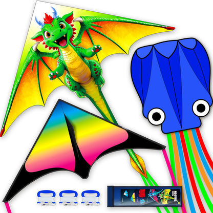 SGftre 3 Piece Set Butterfly Delta Octopus Kites for Kids and Adults，Easy to Fly for Outdoor Adults Children Line Kite for Kids Toy (Gradient Grassland Rainbow+Octopus Red+Blue Dreamy Butterfly, 3)