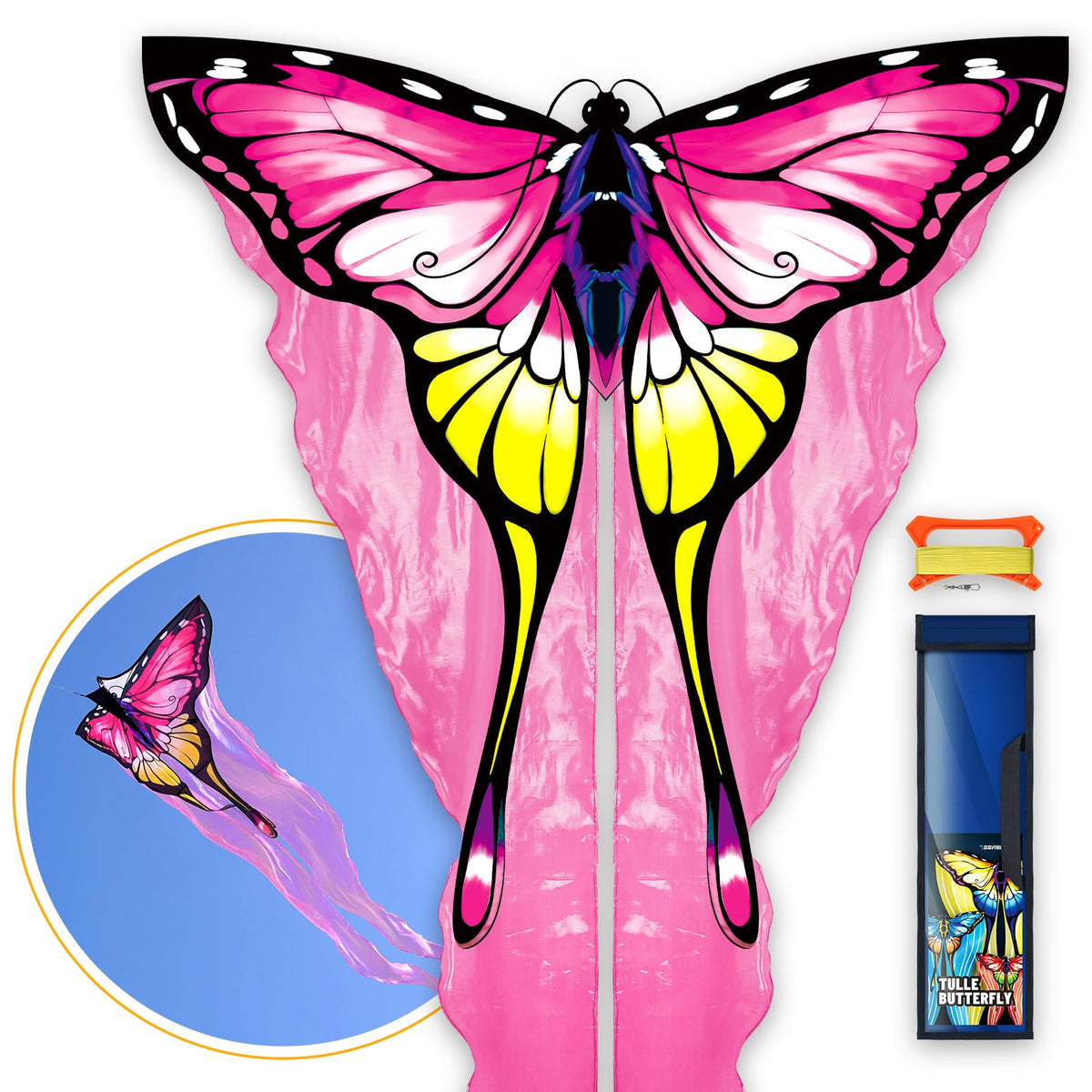 SGftre Tulle Butterfly Pink Kite，Extremely Easy to Fly, Perfect Beach Kites for Family Outdoor Activities, Ideal for Adults and Kids, Includes Kite Thread (Pink)