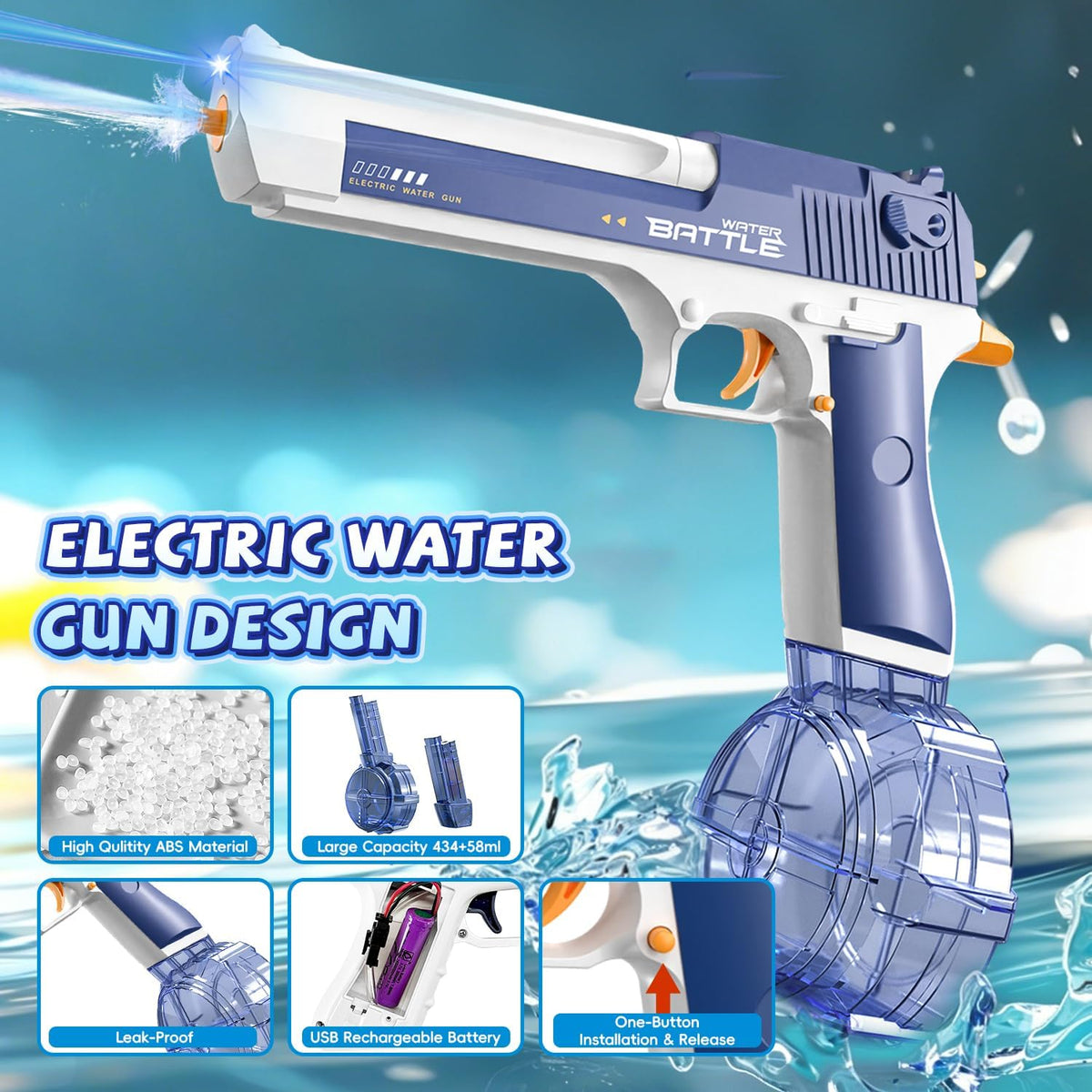 2 Pack Electric Water Gun for Adults & Kids, Up to 32 FT Long Range Water Squirt Guns 450CC+60CC Watergun Blaster Summer Pool Beach Party Toys (Blue&Pink)