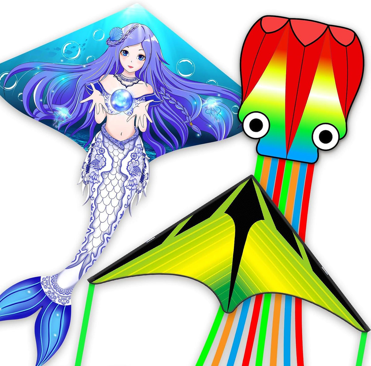 Kites for Kids & Adults,Large Kite for Beginners, Kites for Kids Ages 4-8,Outdoors Activities with Complete Handle, 328ft Kite String & Accessories (QHC Mermaid+L Grassland+Q Octopus, 3)
