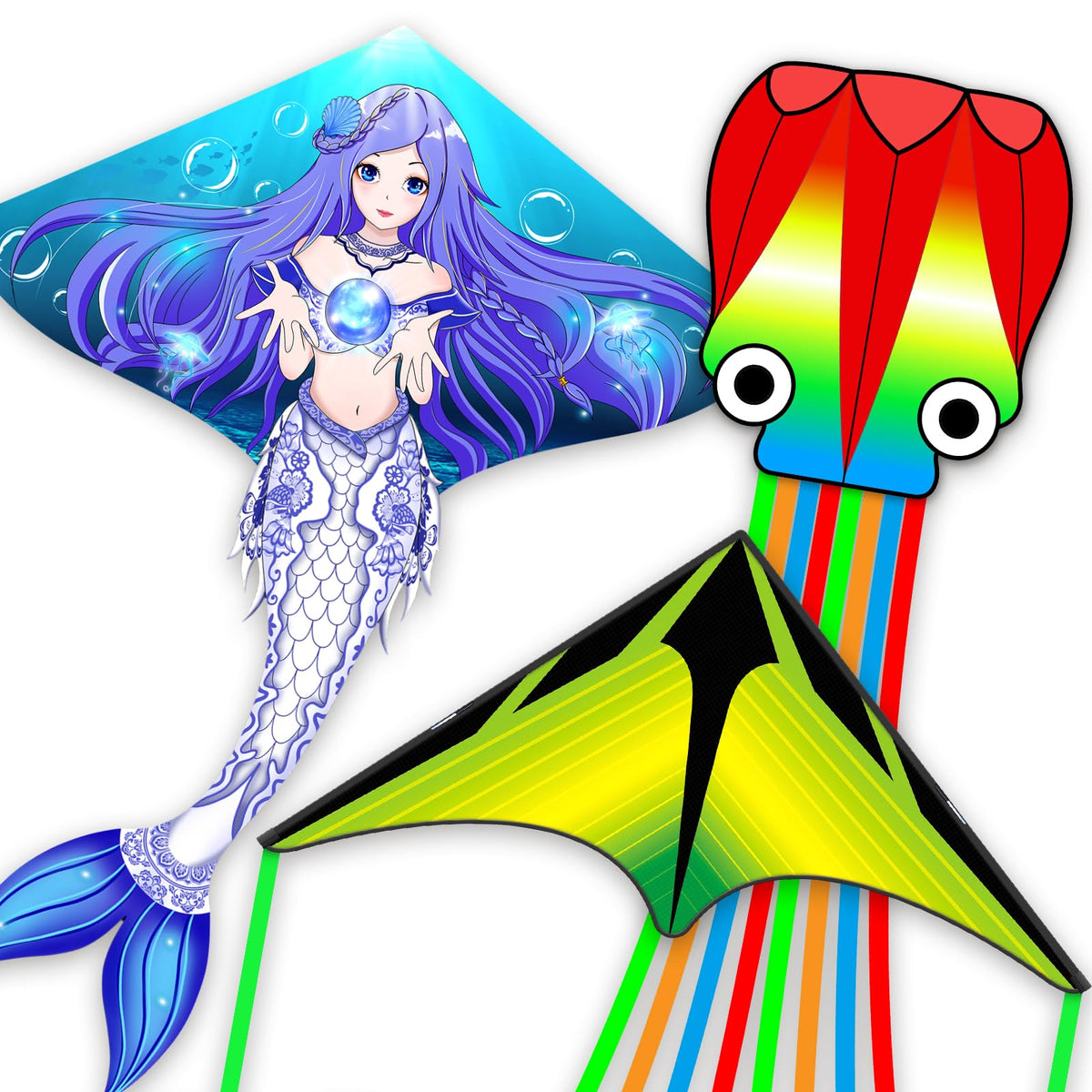 Kites for Kids & Adults,Large Kite for Beginners, Kites for Kids Ages 4-8,Outdoors Activities with Complete Handle, 328ft Kite String & Accessories (QHC Mermaid+L Grassland+Q Octopus, 3)