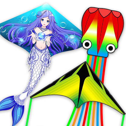 Kites for Kids & Adults,Large Kite for Beginners, Kites for Kids Ages 4-8,Outdoors Activities with Complete Handle, 328ft Kite String & Accessories (QHC Mermaid+L Grassland+Q Octopus, 3)