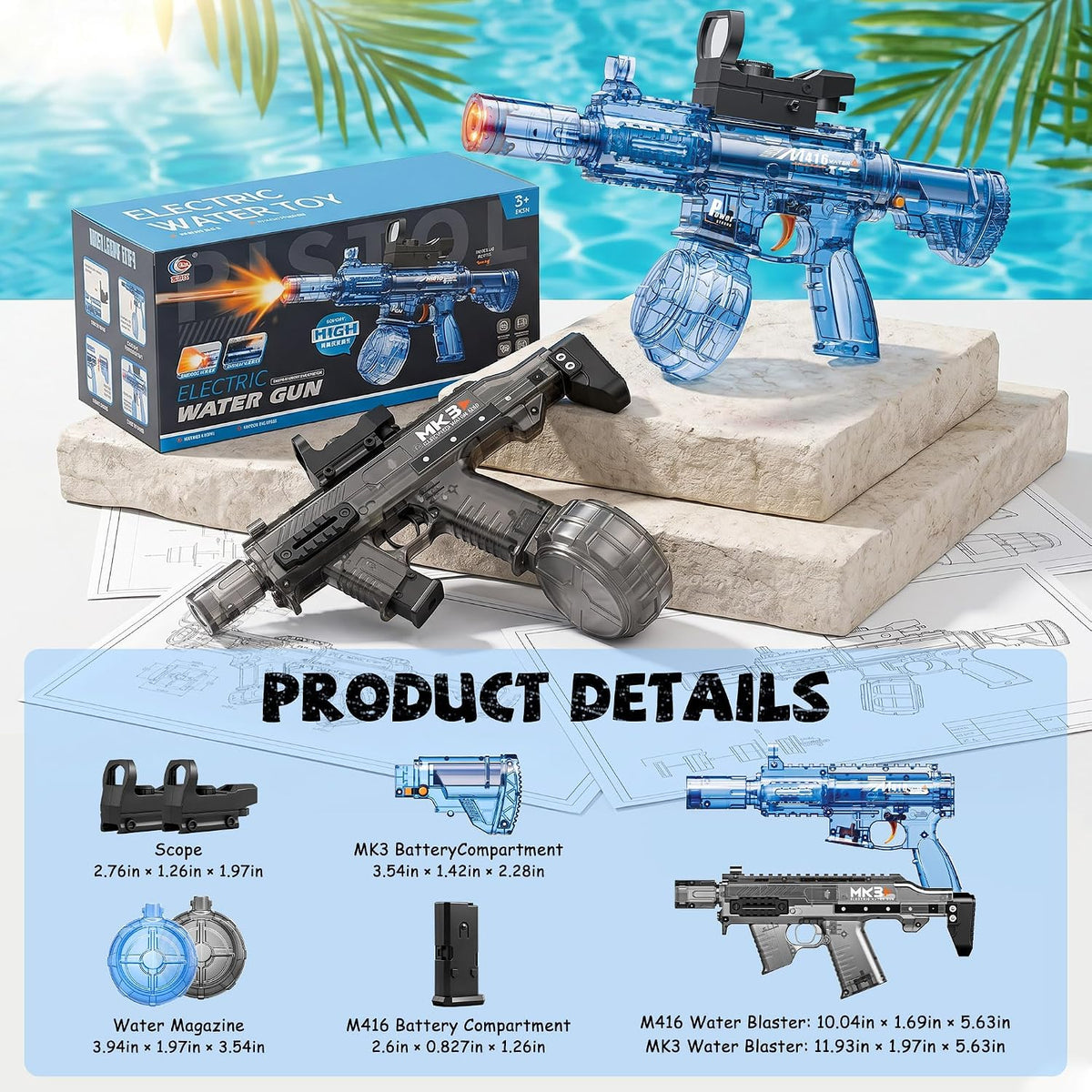 2 Pack Electric Water Guns for Adults, Squirt Guns for Kids with Light Up and Large Capacity, Powerful Water Gun Up to 28-32FT Range for Summer Swimming Pool Party Beach Outdoor Activity