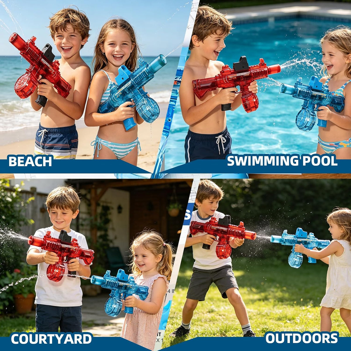2 Pack Electric Water Guns for Adults & Kids, Automatic Squirt Guns with 32Ft Long Range, Large Capacity,LED Light, Summer Outdoor Swimming Pool Water Toys, Red and Blue