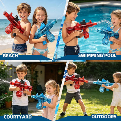 2 Pack Electric Water Guns for Adults & Kids, Automatic Squirt Guns with 32Ft Long Range, Large Capacity,LED Light, Summer Outdoor Swimming Pool Water Toys, Red and Blue