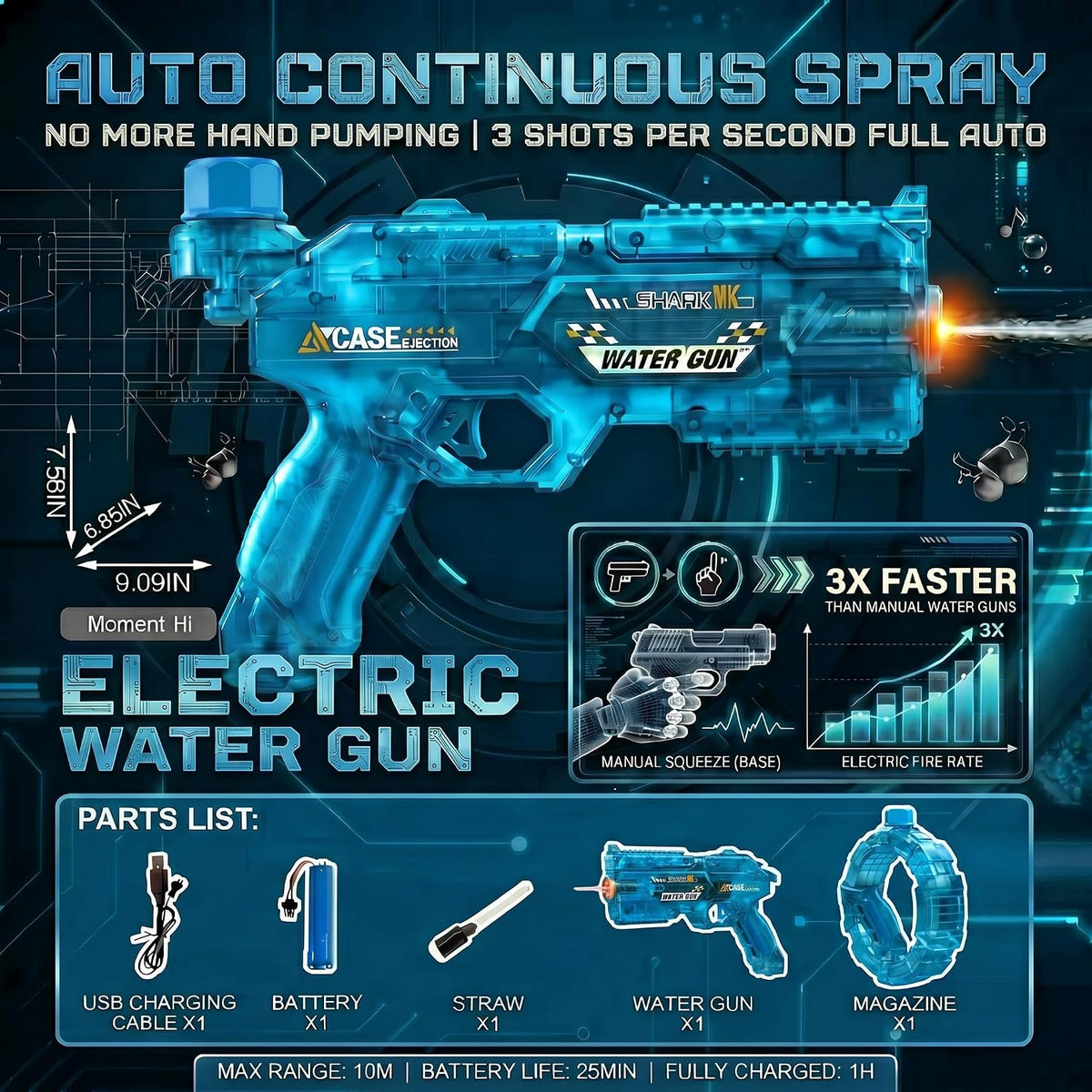 Mechanical Transforming Electric Water Gun for Kids Adults - Automatic Water Blaster with Strobe Lights, Modular Battery, Long Range & Mechanical Deformation, Outdoor Water Toy Gift Boys Girls (Blue)