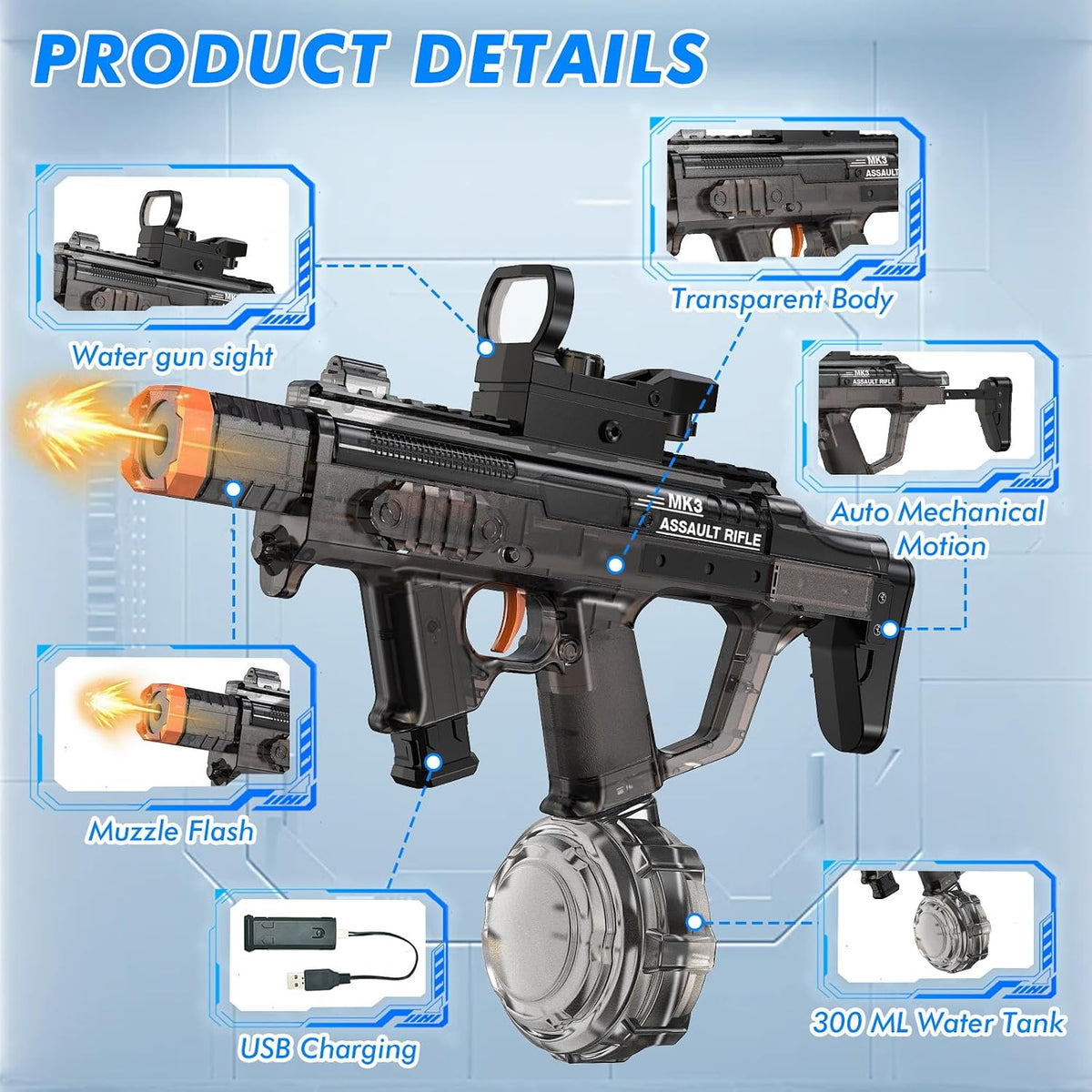 Electric Water Gun for Adults Kids, Automatic Squirt Gun with Water Spray Sound and Led Light, Summer Outdoor Watergun Pool Beach Party Toys for Boys Girls