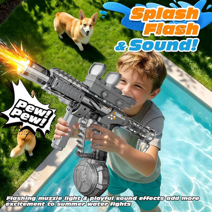 Electric Water Gun for Adults & Kids, Automatic Squirt Gun with 26 FT Range, Flashing Muzzle, USB Rechargeable Battery, 320cc Drum Reservoir, Outdoor Beach Pool Party Toys for Boys Girls