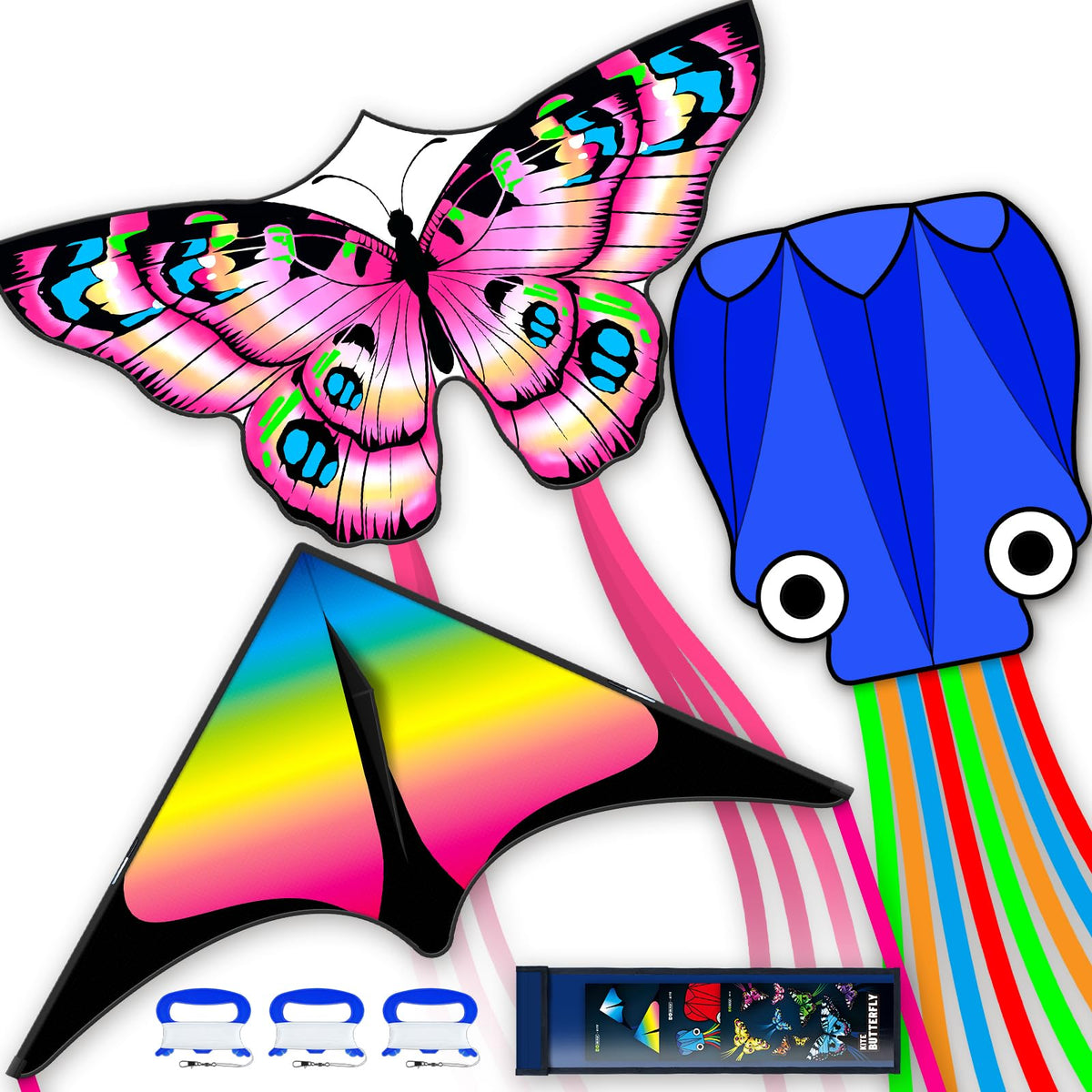 3 Piece Set Butterfly Delta Octopus Kites for Kids and Adults，Easy to Fly for Outdoor Adults Children Line Kite for Kids Toy