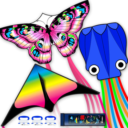 3 Piece Set Butterfly Delta Octopus Kites for Kids and Adults，Easy to Fly for Outdoor Adults Children Line Kite for Kids Toy