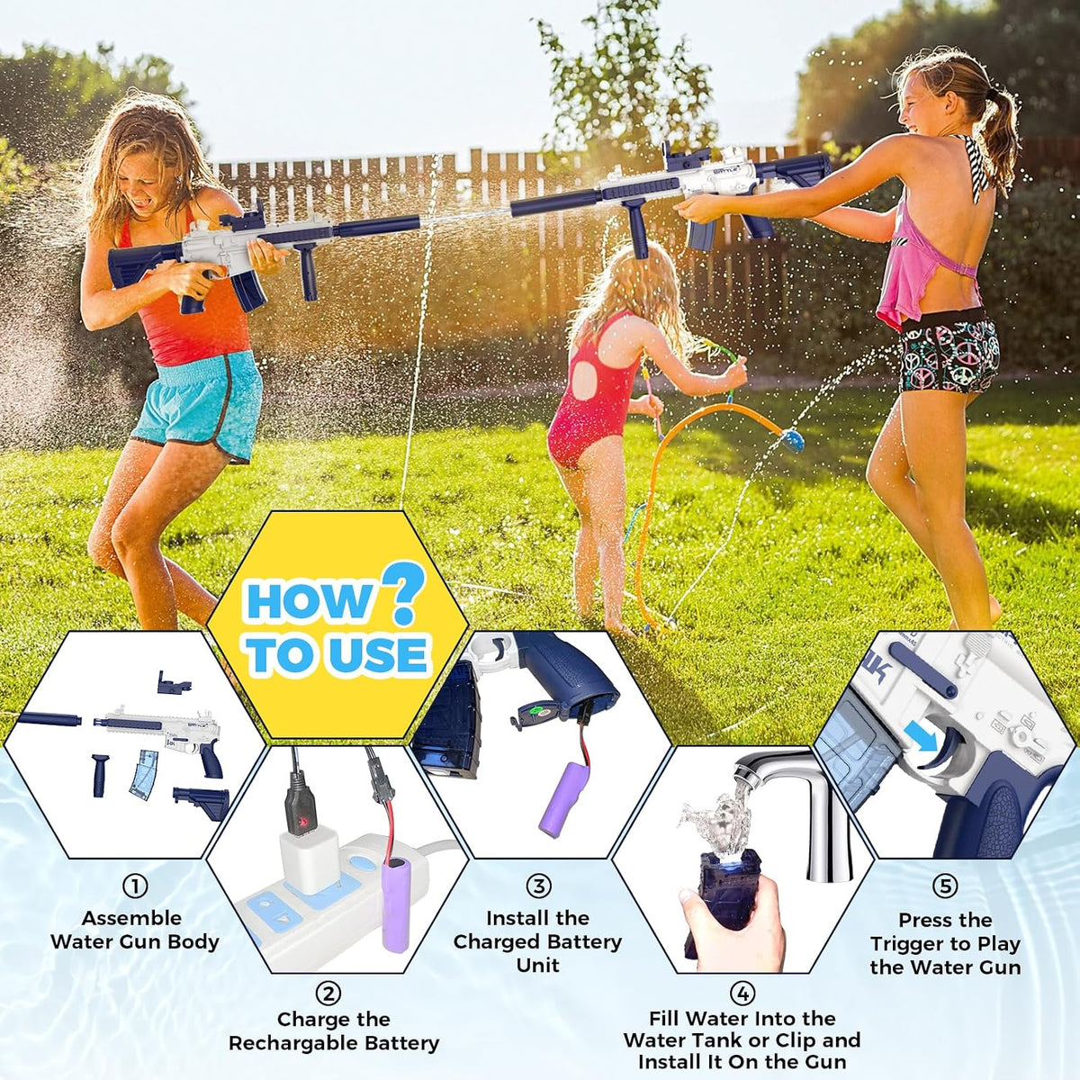 Electric Water Gun,Water Gun Toy,Squirt Gun Water Blaster up to 32 FT Long Range,Outdoor Pool Party Shooting Game Toy with 2 Batteries and 2 Water Tanks,Ideal Summer Watergun Gift for Kids & Adults.