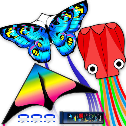 3 Piece Set Butterfly Delta Octopus Kites for Kids and Adults，Easy to Fly for Outdoor Adults Children Line Kite for Kids Toy