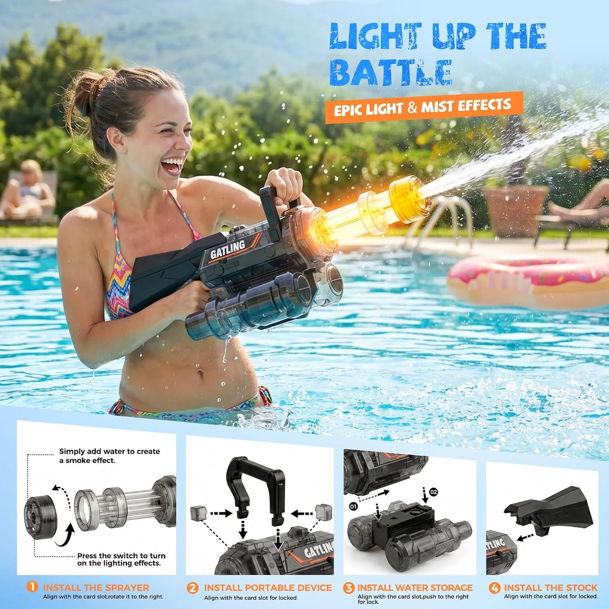 Water Gun with Rotating Nozzle and LED Light, Water Backpack and Detachable Tank, Long Range 28–32FT