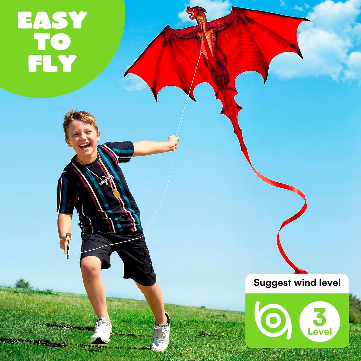 JOYIN Dragon Kites for Kids and Adults, Easy to Fly Large Single Line Kite for Kids - 55" x 46" Red Kites with 328ft String for Beginners,Dragon Red Beach Kite for Outdoor Games and Activities