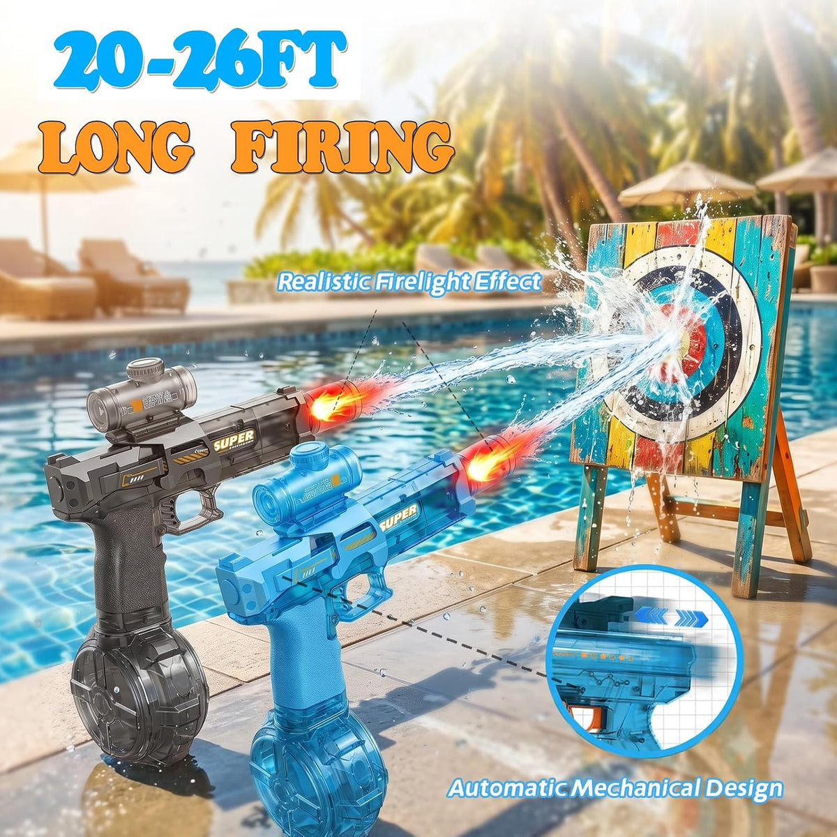 2Pcs Automatic Electric Water Gun, Black+Blue, 26FT for Kids Adults