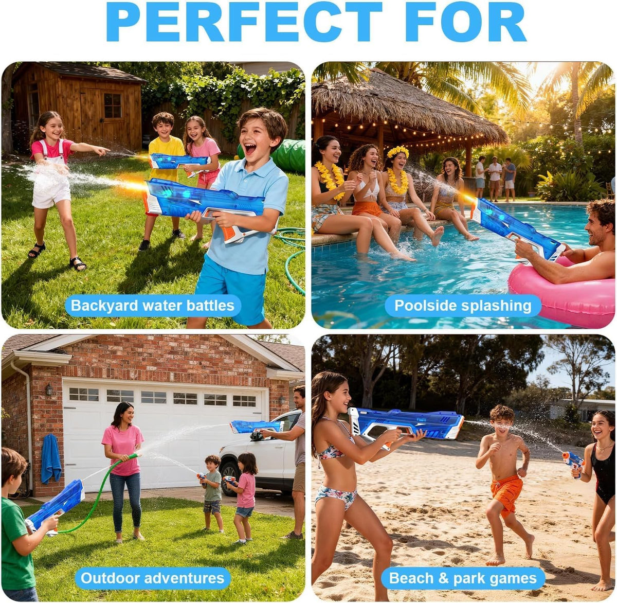 Pakoo Electric Water Gun for Adults Kids, High-Capacity Automatic Squirt Gun with LED Lights, 32FT Long Range Transparent Water Blaster, Summer Outdoor Pool & Beach Party Toys for Boys Girls(Blue)