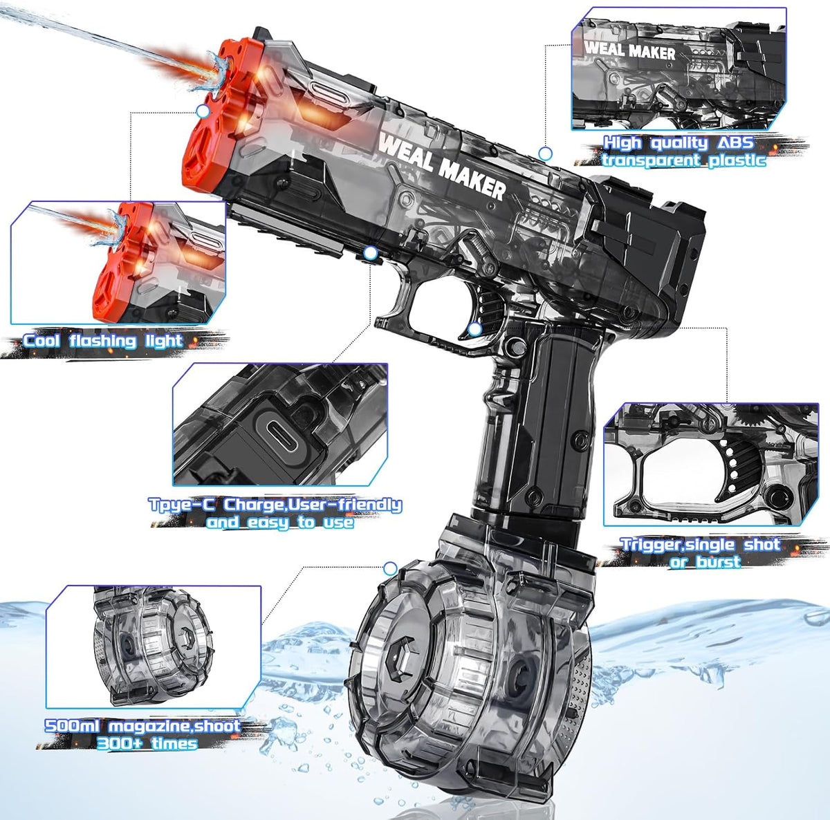 3Packs Electric Water Guns with LED Flash and USB-C Charging, Designed for Epic Aquatic Fun, Automatic Squirt Guns 25-30 FT Range, Outdoor Summer Toys for Backyard Water Theme Party Fun