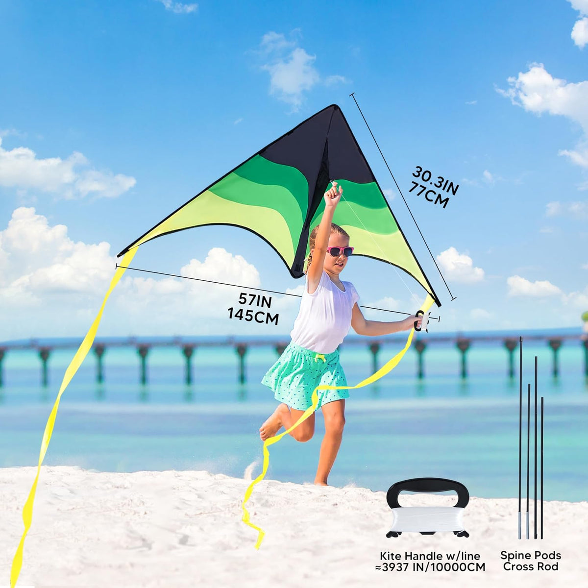 SYNCFUN Large Delta Kite Gradient Green– Easy to Fly for Kids and Adults, Beach Kite with 328 ft String for Outdoor Games and Activities