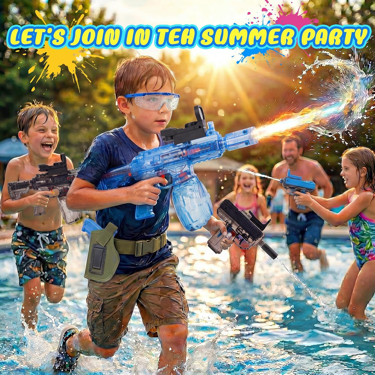 Electric Water Gun 4 Pack for Adults and Kids, Automatic Water Guns with 4 Rechargeable Batteries, 2 Holsters, 2 Goggles & Charger, Outdoor Summer Beach Pool Toys for Kids Adults Boy Girl