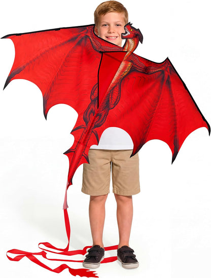JOYIN Dragon Kites for Kids and Adults, Easy to Fly Large Single Line Kite for Kids - 55" x 46" Red Kites with 328ft String for Beginners,Dragon Red Beach Kite for Outdoor Games and Activities