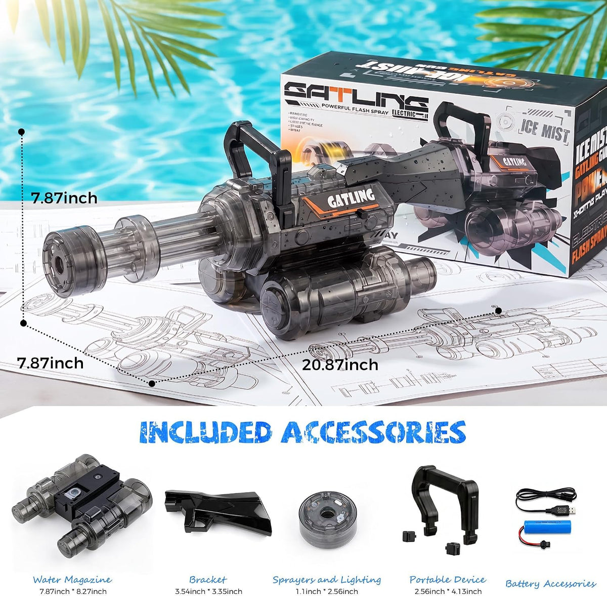 Water Gun with Rotating Nozzle and LED Light, Water Backpack and Detachable Tank, Long Range 28–32FT