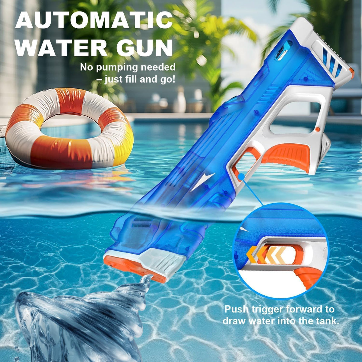 Pakoo Electric Water Gun for Adults Kids, High-Capacity Automatic Squirt Gun with LED Lights, 32FT Long Range Transparent Water Blaster, Summer Outdoor Pool & Beach Party Toys for Boys Girls(Blue)