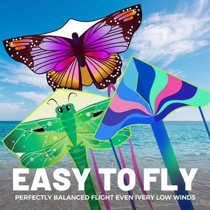 3 Pack Large Kites, Butterfly Delta Dragonfly Kites Easy to Fly Beach Toys