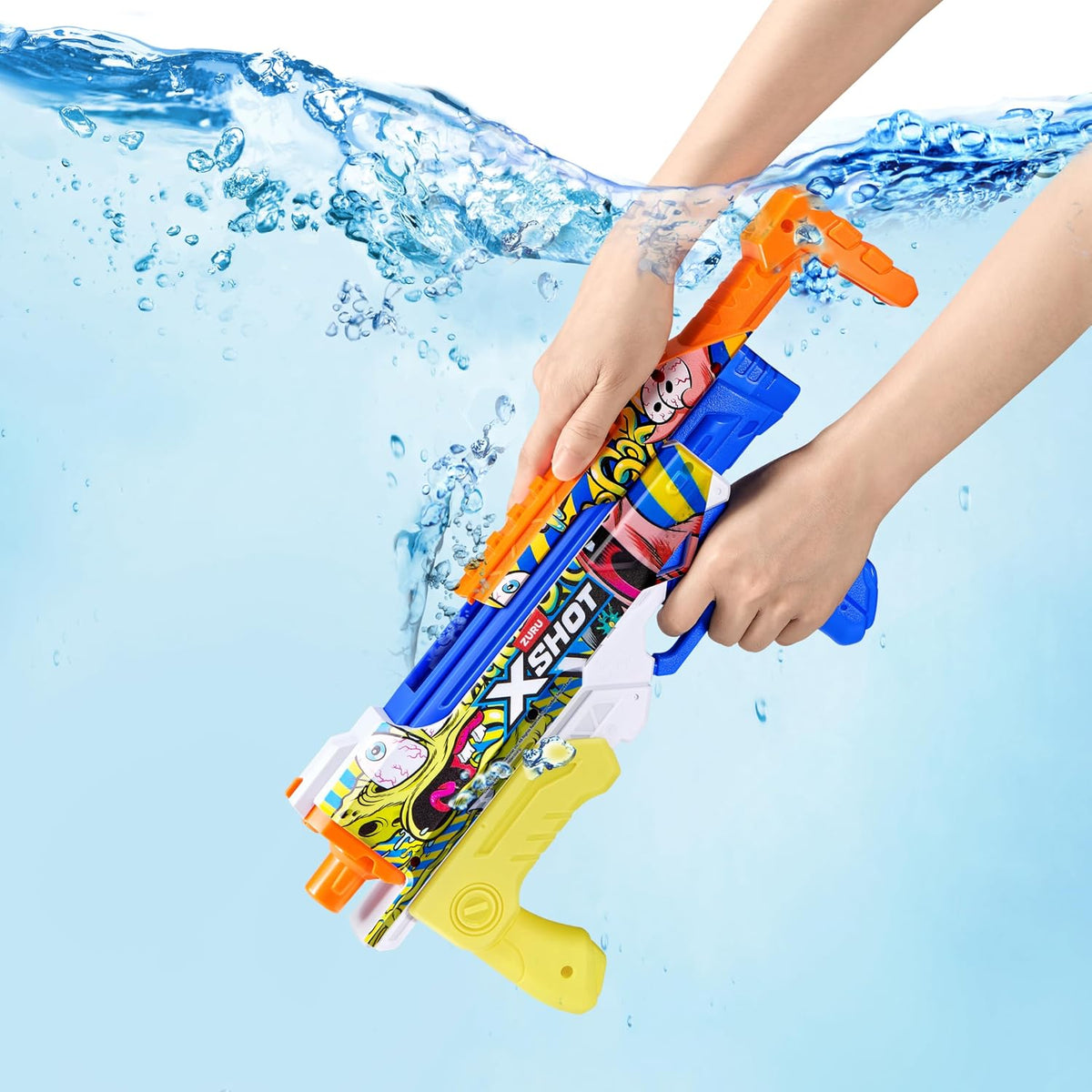 XSHOT Water Spongebob Hyperload Water Blaster (2 Pack) by ZURU – Fast-Fill Water Blaster with Spongebob Design, 33ft Range & 500ml Tank, Outdoor Summer Toy for Kids Ages 5+, Beach & Backyard Fun