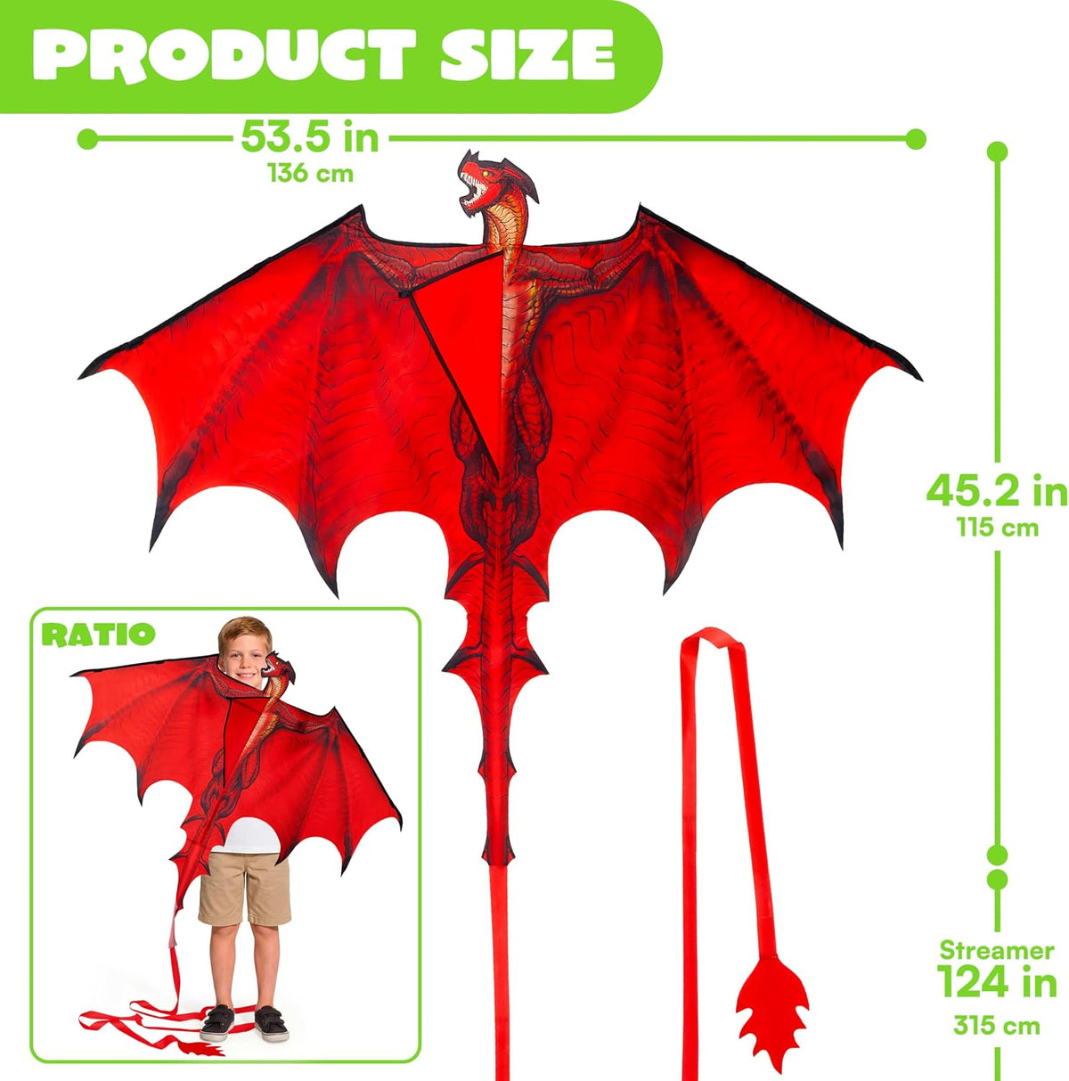 JOYIN Dragon Kites for Kids and Adults, Easy to Fly Large Single Line Kite for Kids - 55" x 46" Red Kites with 328ft String for Beginners,Dragon Red Beach Kite for Outdoor Games and Activities