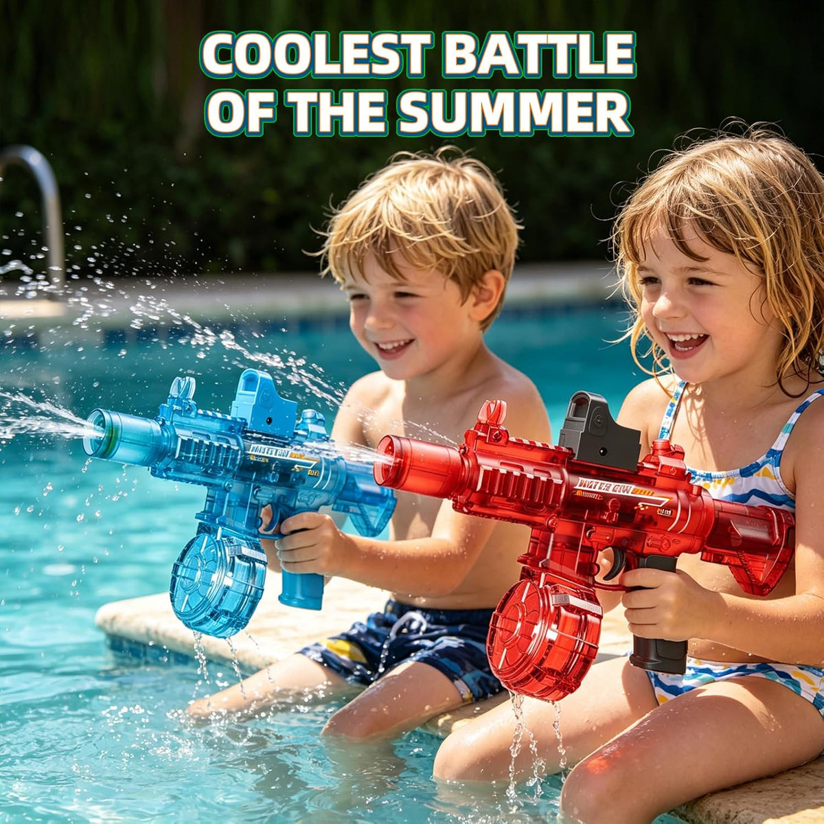 2 Pack Electric Water Guns for Adults & Kids, Automatic Squirt Guns with 32Ft Long Range, Large Capacity,LED Light, Summer Outdoor Swimming Pool Water Toys, Red and Blue