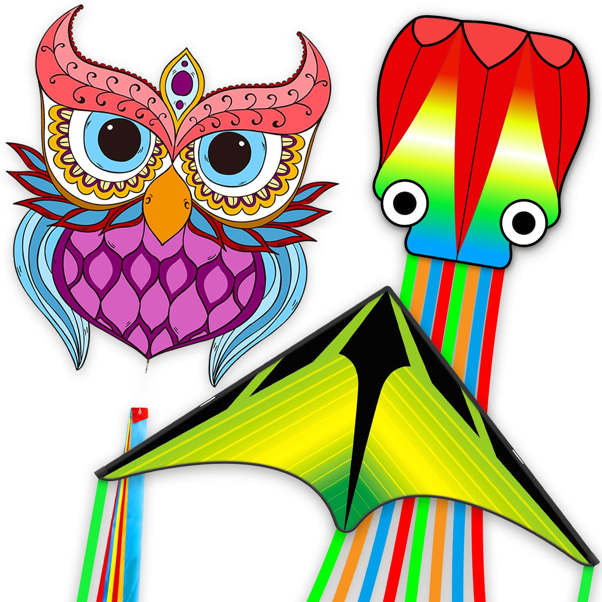 Kites for Adults & Kids Ages 4-8,Beach Kites Easy to Fly for Beginner, with Handle and 328ft Kite String，Best Toy and Gift for Boys & Girls. (QC Grassland, HG Butterfly,QC Octopus, 3)