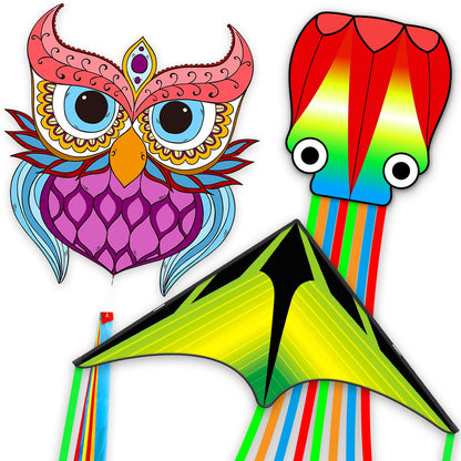 Kites for Adults & Kids Ages 4-8,Beach Kites Easy to Fly for Beginner, with Handle and 328ft Kite String，Best Toy and Gift for Boys & Girls. (QC Grassland, HG Butterfly,QC Octopus, 3)