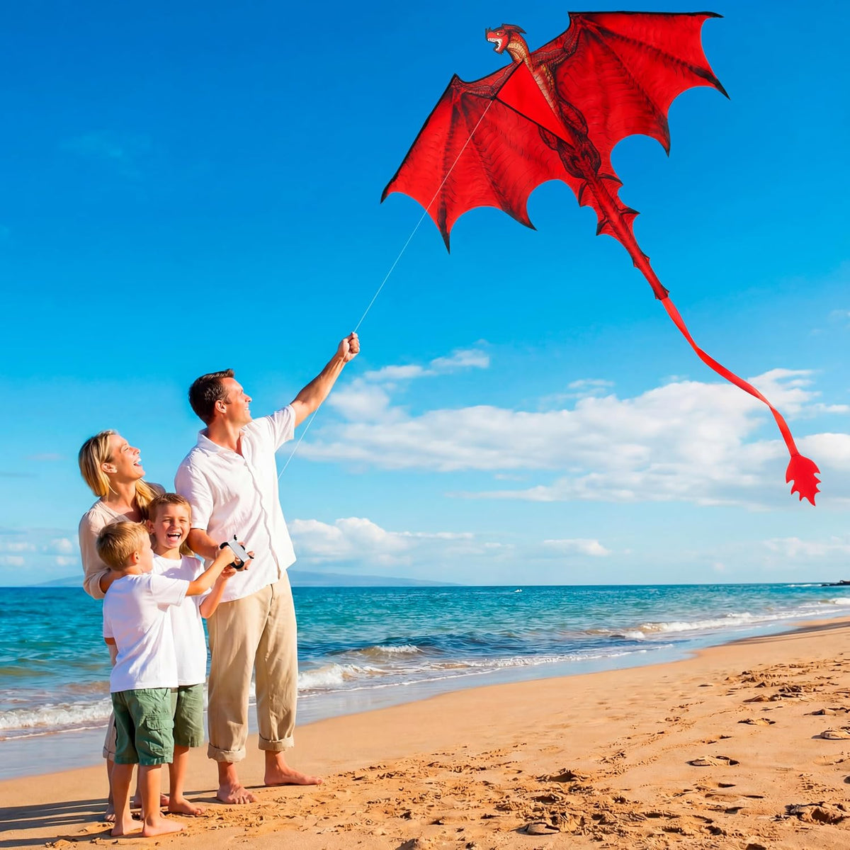 JOYIN Dragon Kites for Kids and Adults, Easy to Fly Large Single Line Kite for Kids - 55" x 46" Red Kites with 328ft String for Beginners,Dragon Red Beach Kite for Outdoor Games and Activities