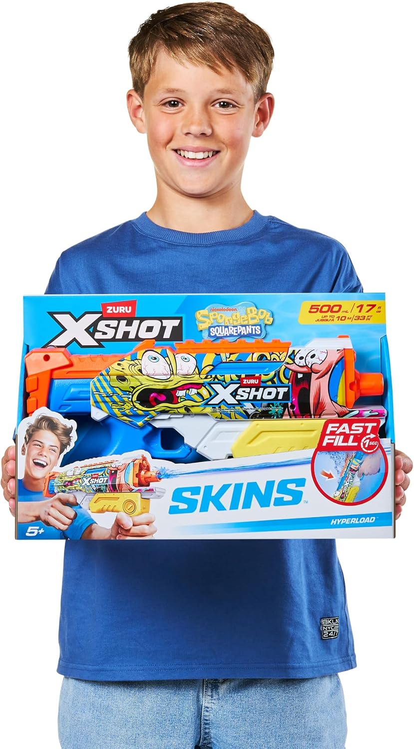 XSHOT Water Spongebob Hyperload Water Blaster (2 Pack) by ZURU – Fast-Fill Water Blaster with Spongebob Design, 33ft Range & 500ml Tank, Outdoor Summer Toy for Kids Ages 5+, Beach & Backyard Fun