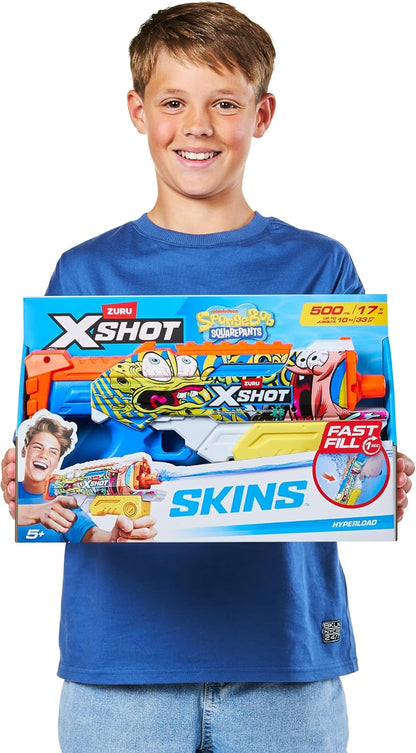 XSHOT Water Spongebob Hyperload Water Blaster (2 Pack) by ZURU – Fast-Fill Water Blaster with Spongebob Design, 33ft Range & 500ml Tank, Outdoor Summer Toy for Kids Ages 5+, Beach & Backyard Fun