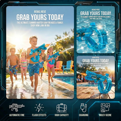 Mechanical Transforming Electric Water Gun for Kids Adults - Automatic Water Blaster with Strobe Lights, Modular Battery, Long Range & Mechanical Deformation, Outdoor Water Toy Gift Boys Girls (Blue)