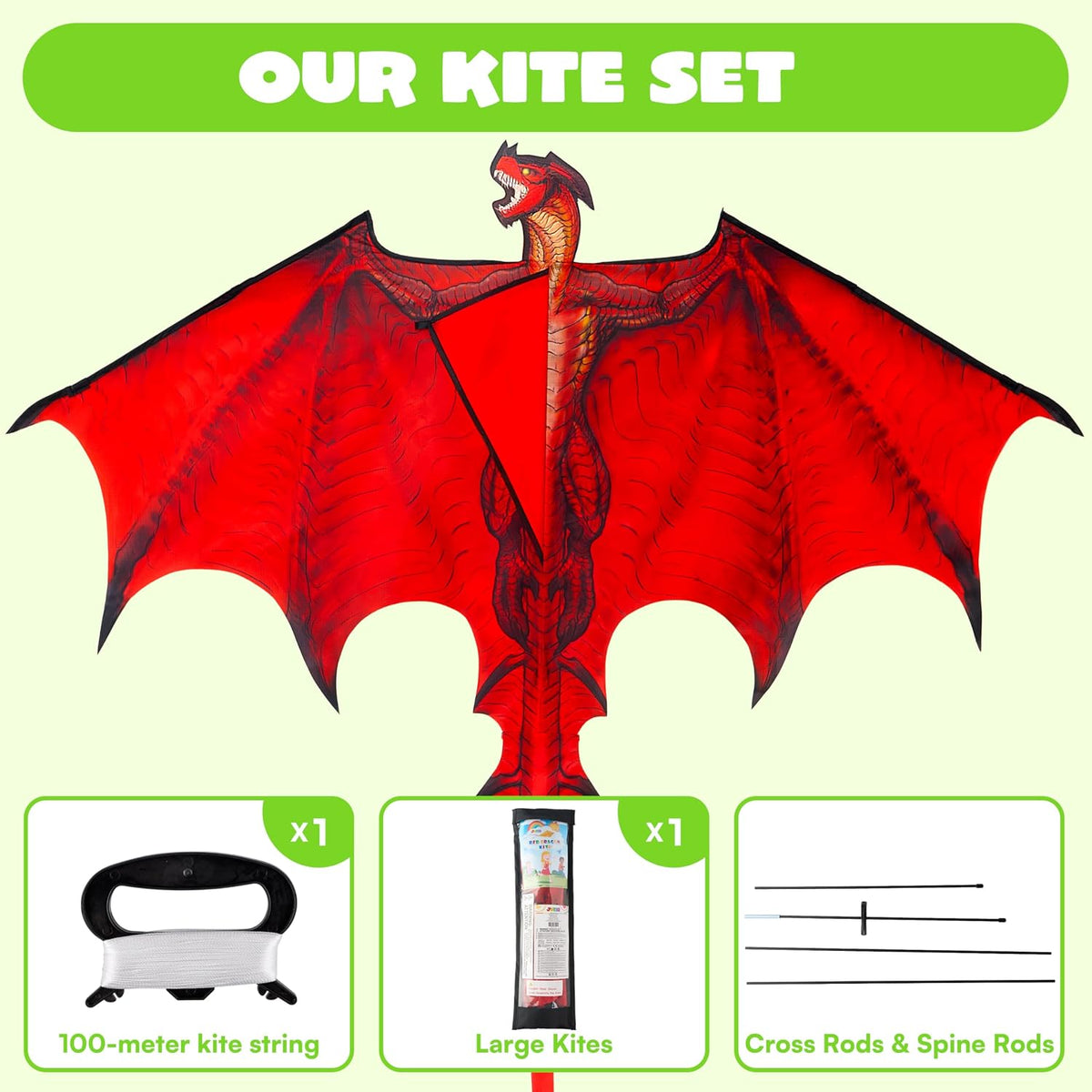 JOYIN Dragon Kites for Kids and Adults, Easy to Fly Large Single Line Kite for Kids - 55" x 46" Red Kites with 328ft String for Beginners,Dragon Red Beach Kite for Outdoor Games and Activities