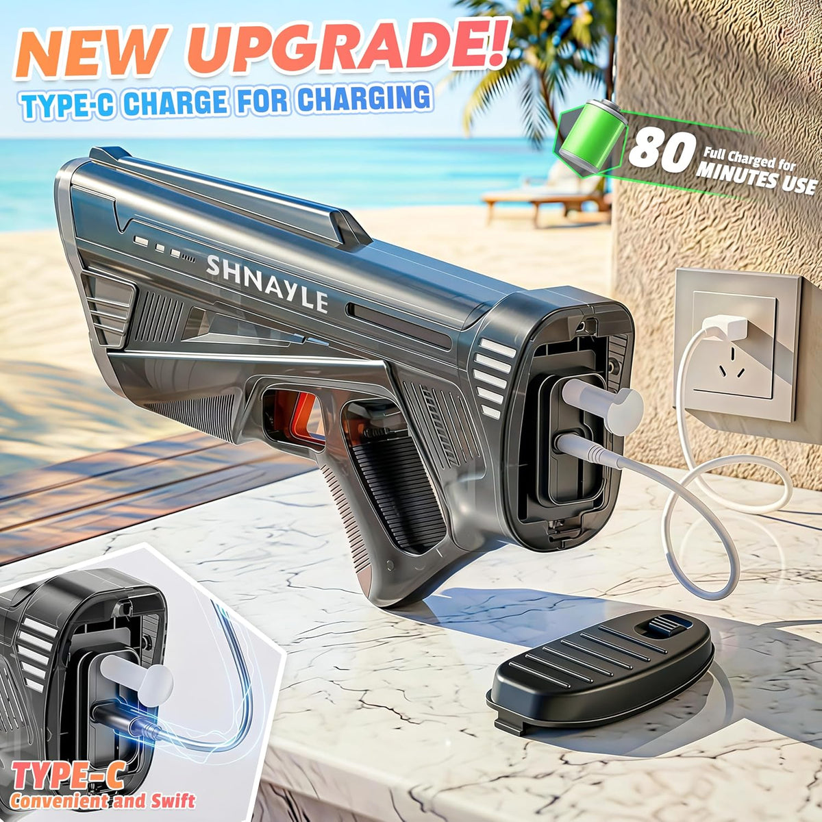 Electric Water Gun for Adults Kids USB-C Charging Port, Black