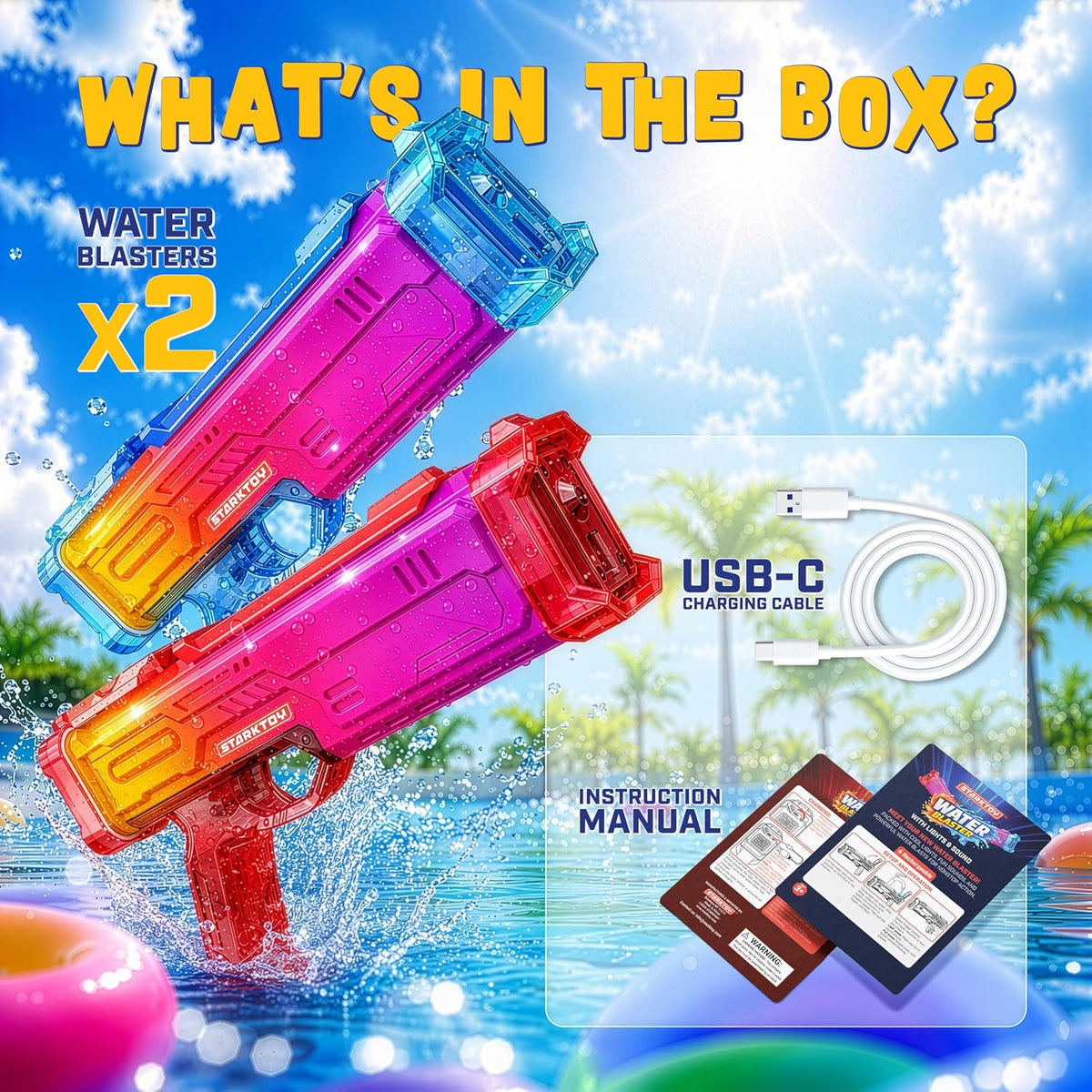 Electric Water Blasters Squirt Guns 2-Pack, LED, Rechargeable R/B