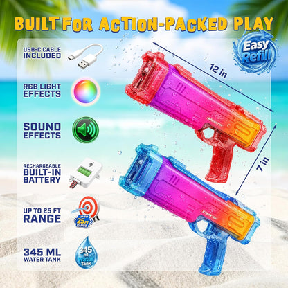 Electric Water Blasters Squirt Guns 2-Pack, LED, Rechargeable R/B