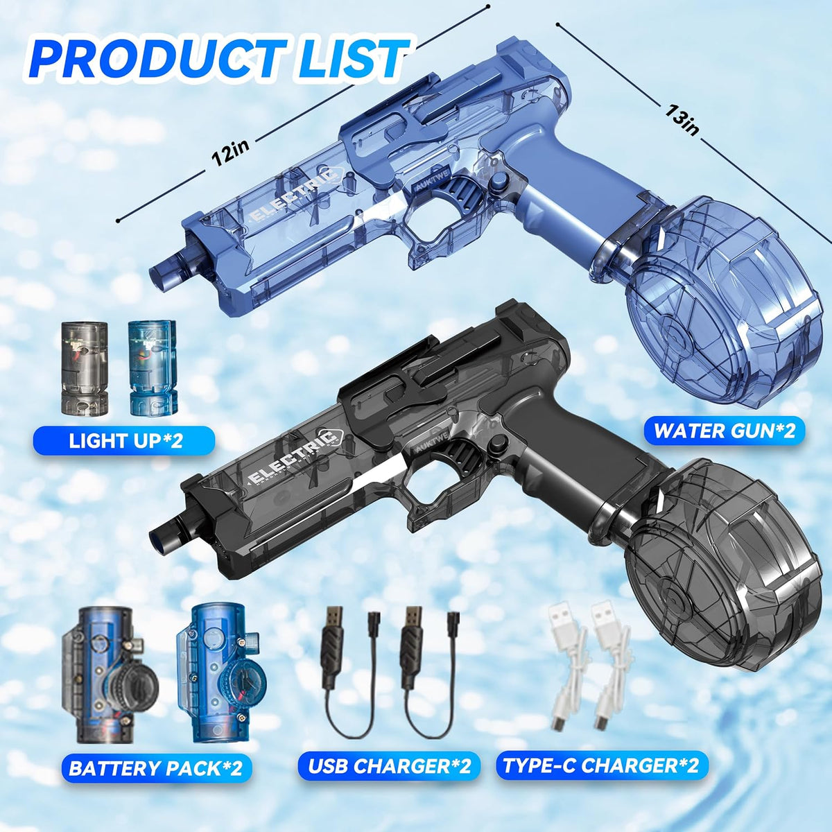 2 Pack Electric Water Guns with Light Up,Full Automatic Electric Squirt Gun 28-32 FT Range Water Pistol Blaster Soaker,Summer Outdoor Pool,Water Toy for Adult&Kid