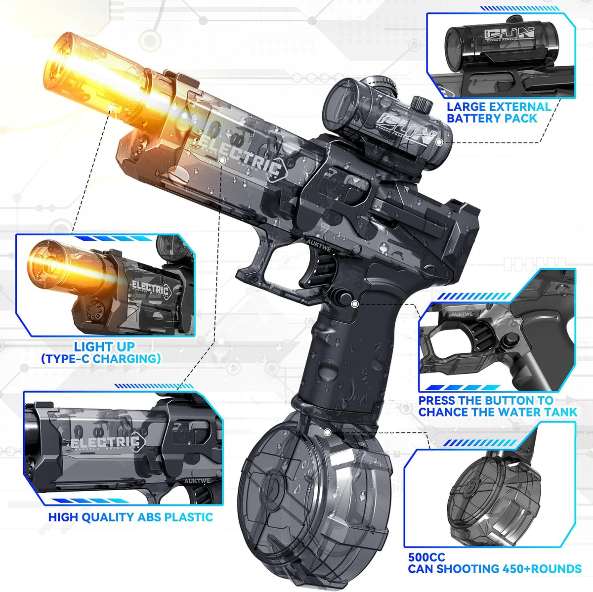 2 Pack Electric Water Guns with Light Up,Full Automatic Electric Squirt Gun 28-32 FT Range Water Pistol Blaster Soaker,Summer Outdoor Pool,Water Toy for Adult&Kid